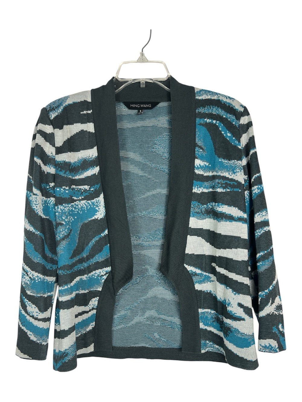 Ming Wang Sz S Open Cardigan Jacket Knit Abstract Print Blue & Gray NWT